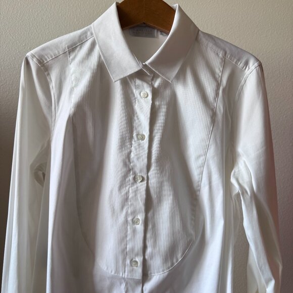 White Satin Tuxedo Button Down Blouse | Size 10 | Classic Luxe Dress Shirt - Picture 13 of 16